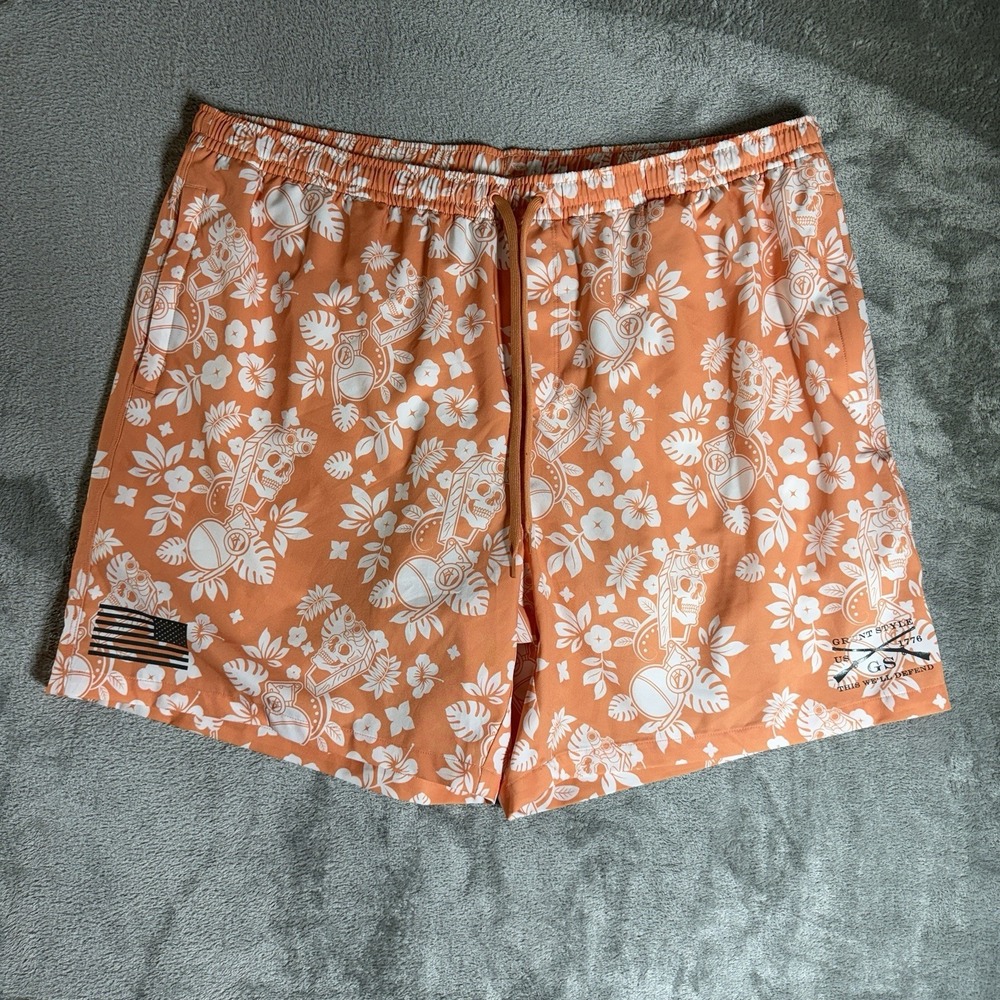 Grunt Style Swim Trunks Mens 3XL Orange Floral Skulls